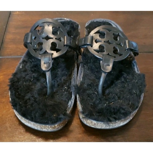 Tory Burch MILLER CLOUD Cork Sandals Shearling Size 7 Black - Picture 1 of 8